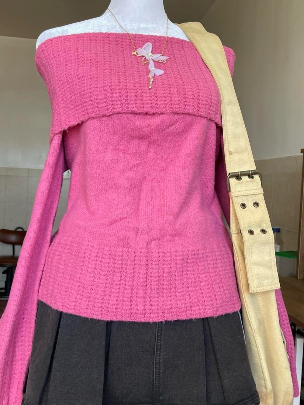 Vintage Pink Off-the-Shoulder Knit Sweater